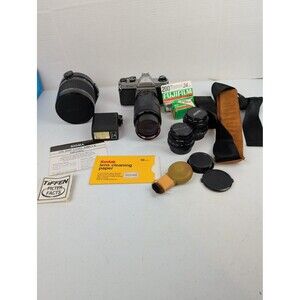 Pentax Asahi K1000 35mm Film Camera W/ 4 Lenses, Flash, Strap & Film